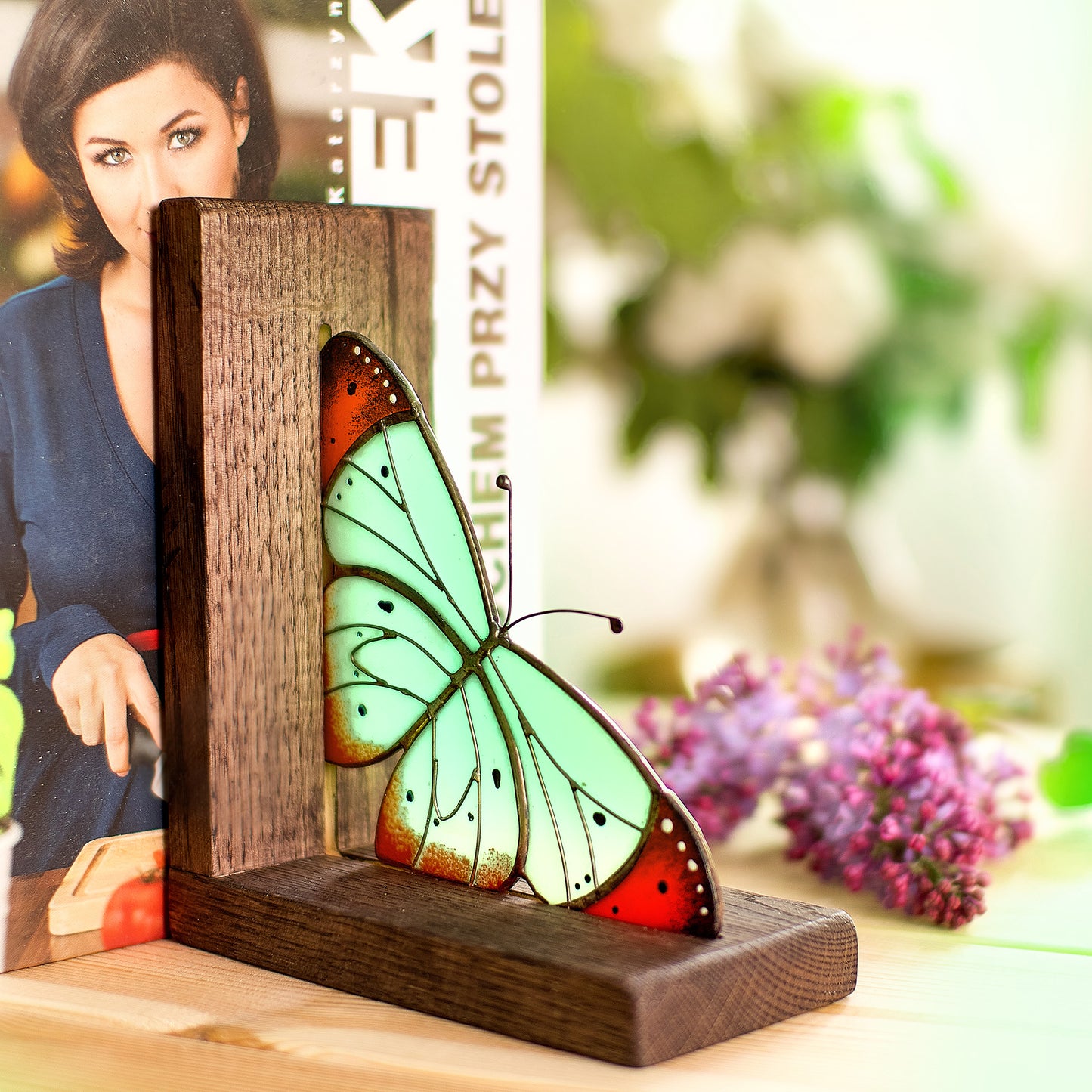 Soft Mint Butterfly Stained Glass Bookends