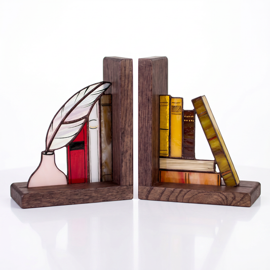 Books and Quill Stained Glass Bookends