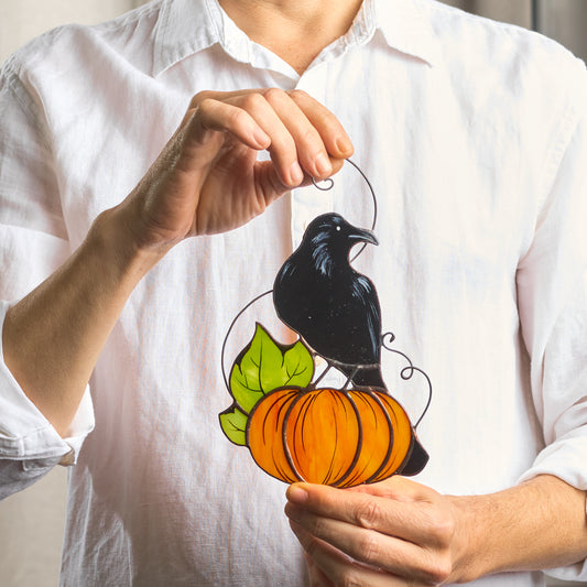 Crow on Pumpkin Stained Glass Halloween Decoration