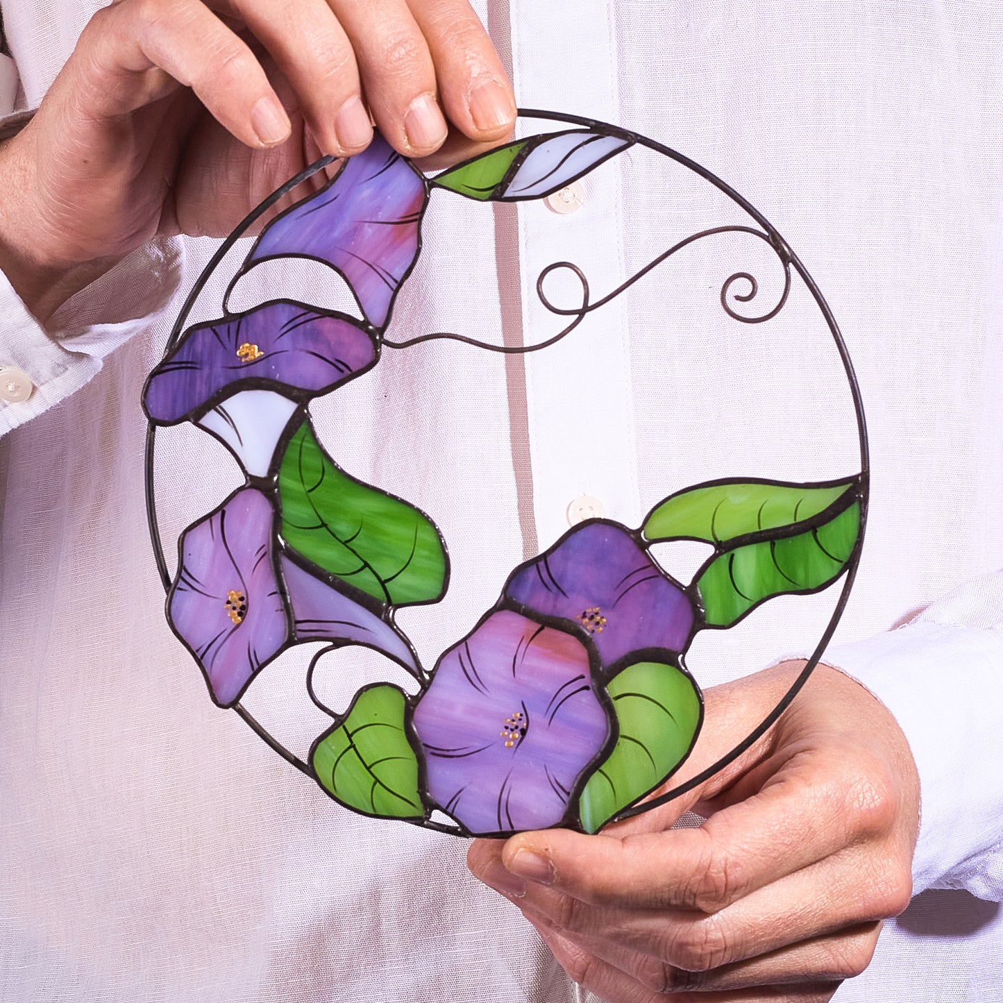 Morning Glory Flower Stained Glass Panel