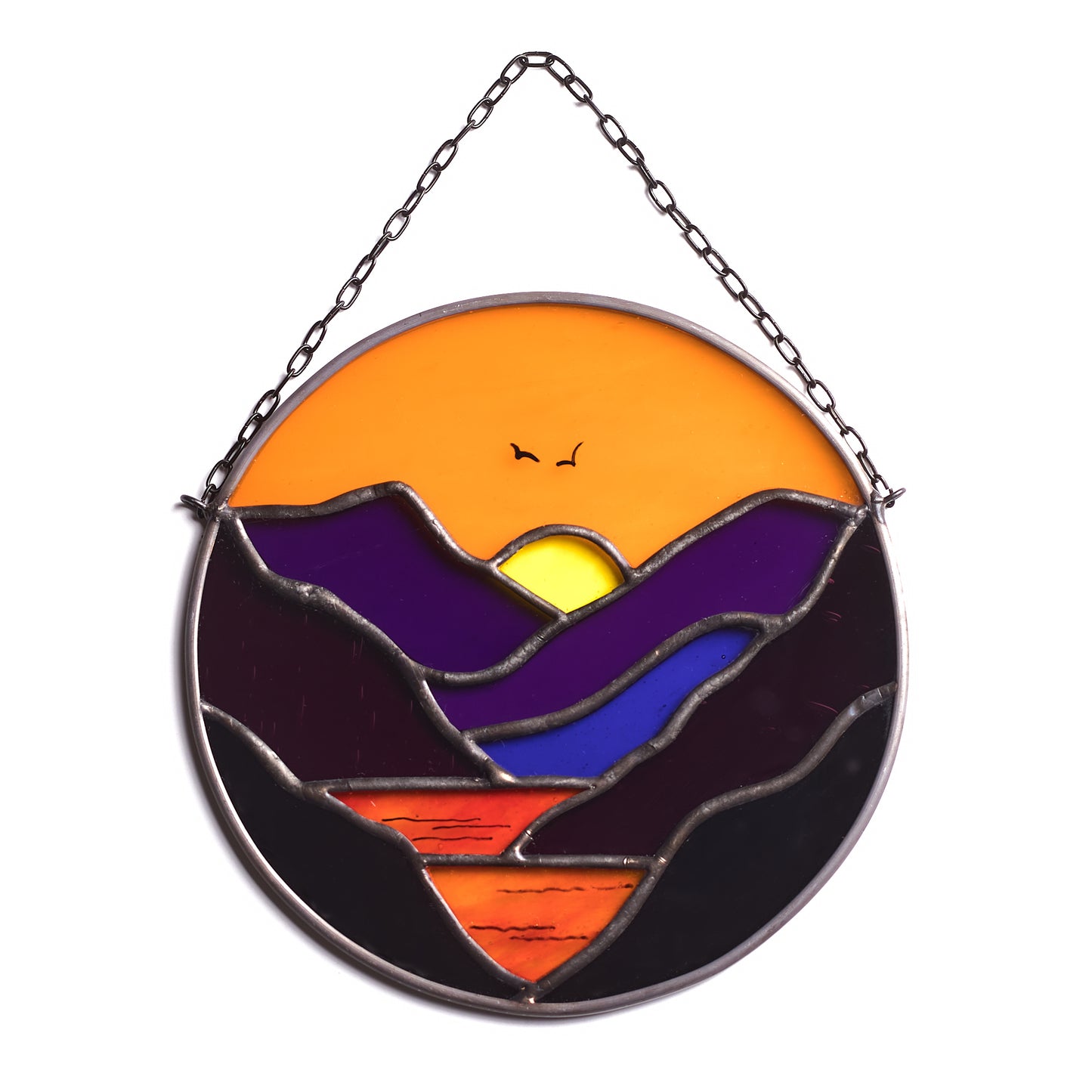 Fiery Sunset Mountains Stained Glass Suncatcher