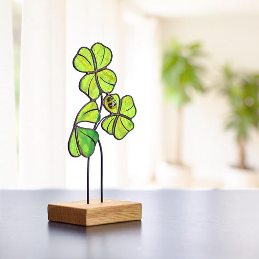 Four Leaf Clover Clover with Bee Stained Glass Tabletop