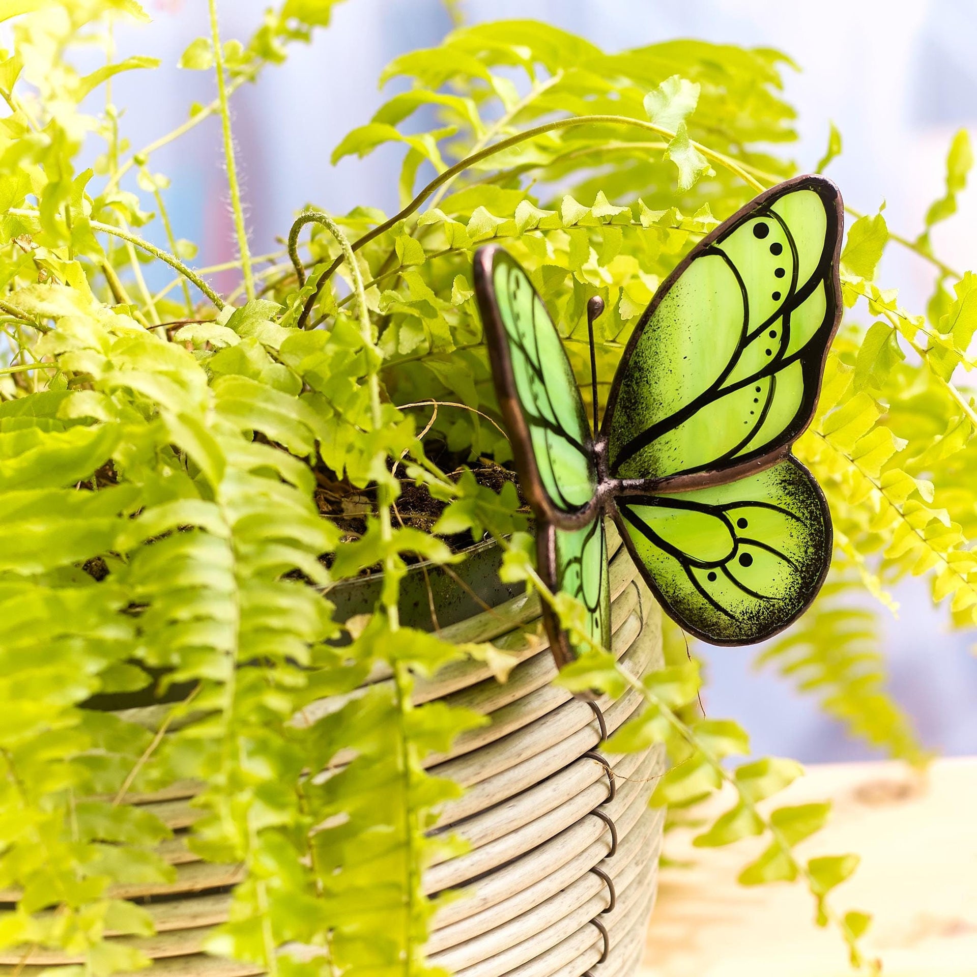 hanging butterfly plants Green Butterfly Stained Glass Plant Pot Hugger