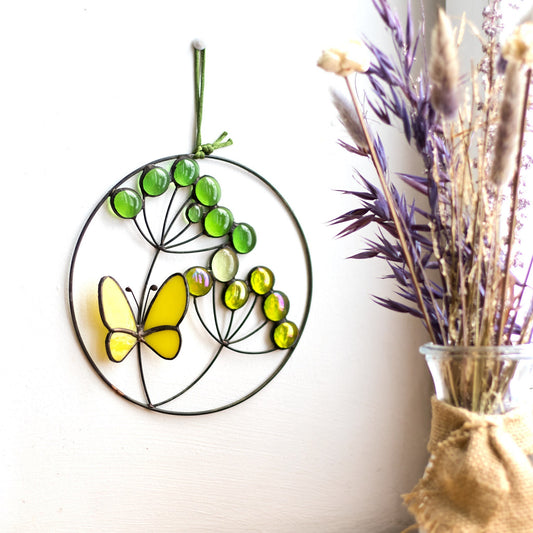 Green Dill with Butterfly Stained Glass Suncatcher