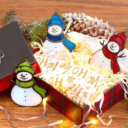 Ready to Give Christmas Present: Set of 3 Snowman Stained Glass Ornaments in Gift Box