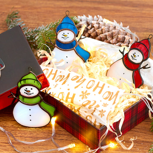 Ready to Give Christmas Present: Set of 3 Snowman Stained Glass Ornaments in Gift Box