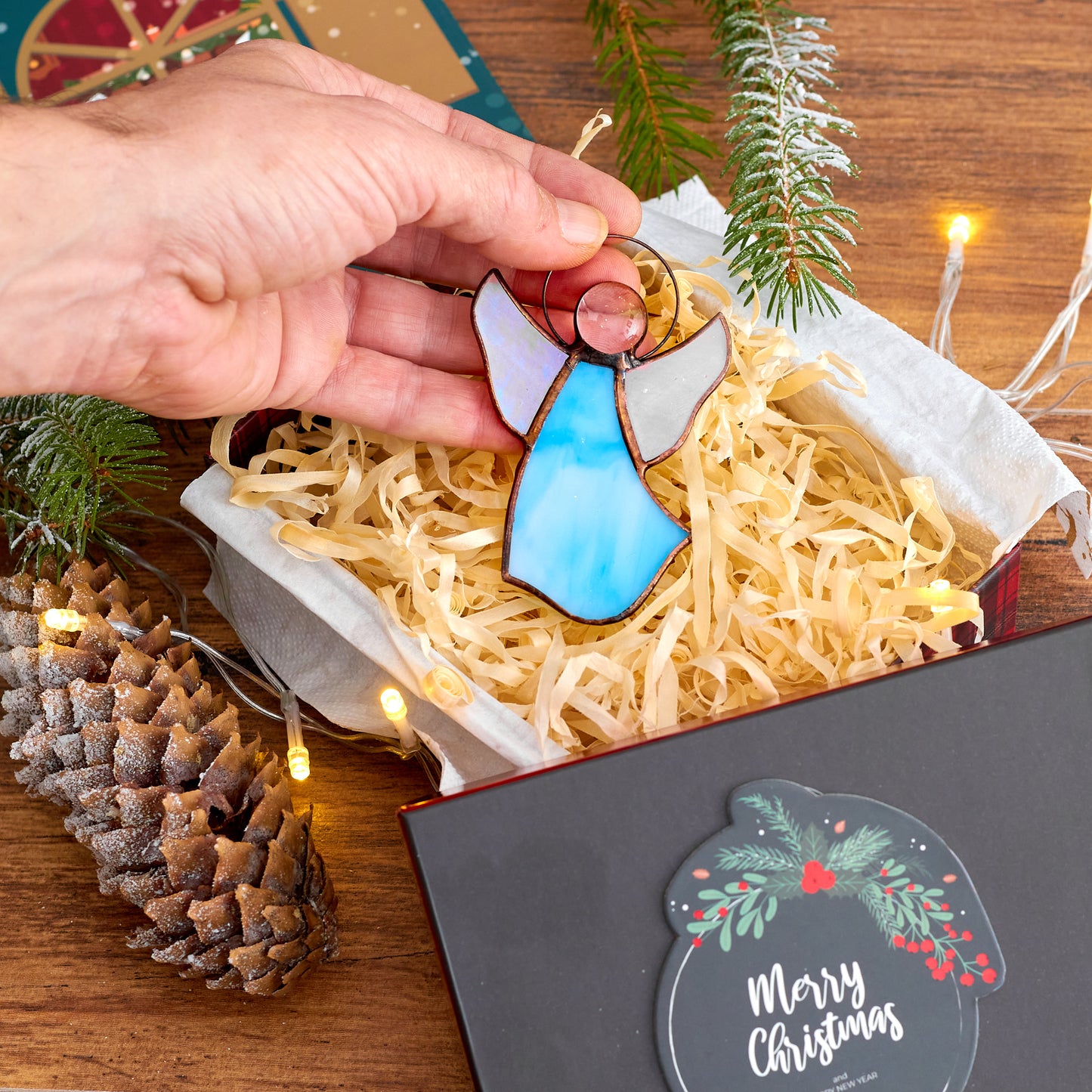 Ready to Give Present for Someone Special: Angel Stained Glass Christmas Ornament in Gift Box