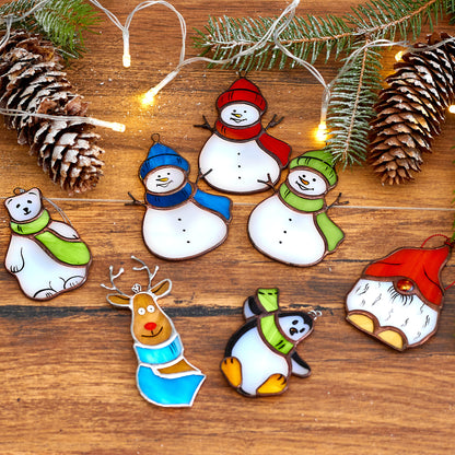 Ready to Give Christmas Present: Set of 3 Snowman Stained Glass Ornaments in Gift Box