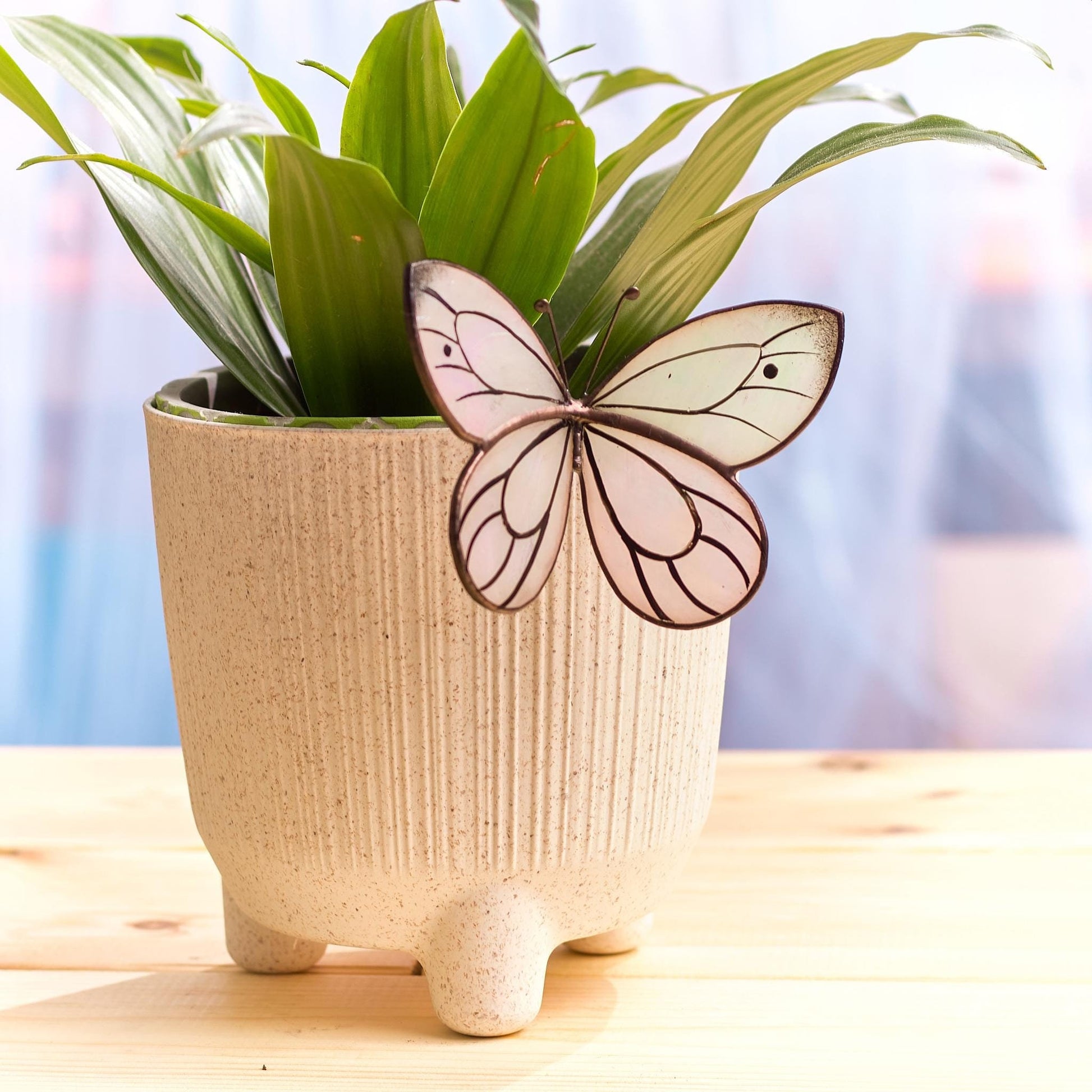 butterfly plant in pot Iridescent White Butterfly Stained Glass Plant Pot Hugger