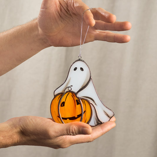 Little Ghost with Pumpkin Stained Glass Halloween Decoration