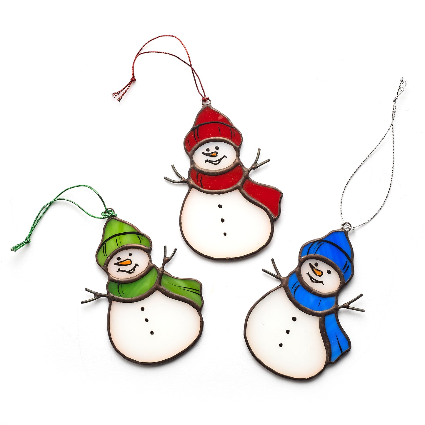 Ready to Give Christmas Present: Set of 3 Snowman Stained Glass Ornaments in Gift Box