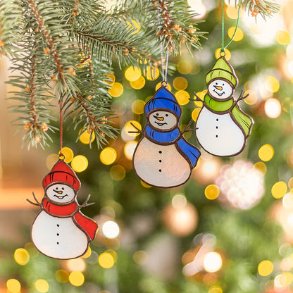 Ready to Give Christmas Present: Set of 3 Snowman Stained Glass Ornaments in Gift Box