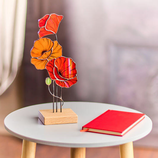 Red Poppy Flower Stained Glass Tabletop