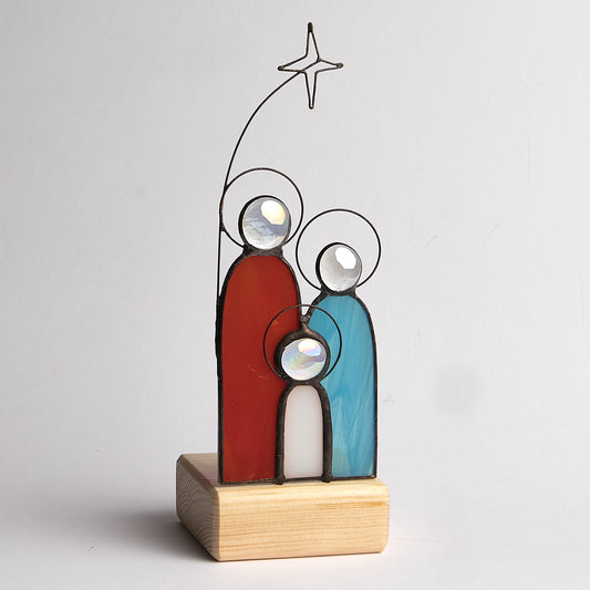 Stained Glass Holy Family Candle Holder with Wooden Base