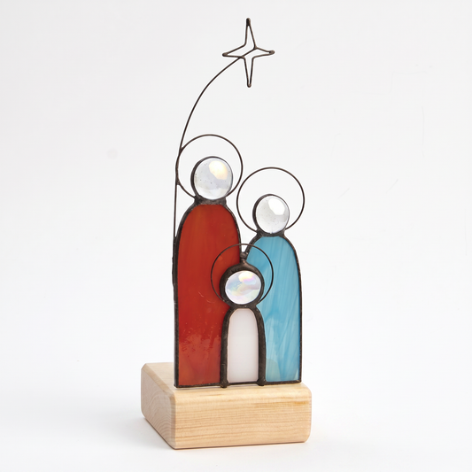 Stained Glass Holy Family Candle Holder with Wooden Base