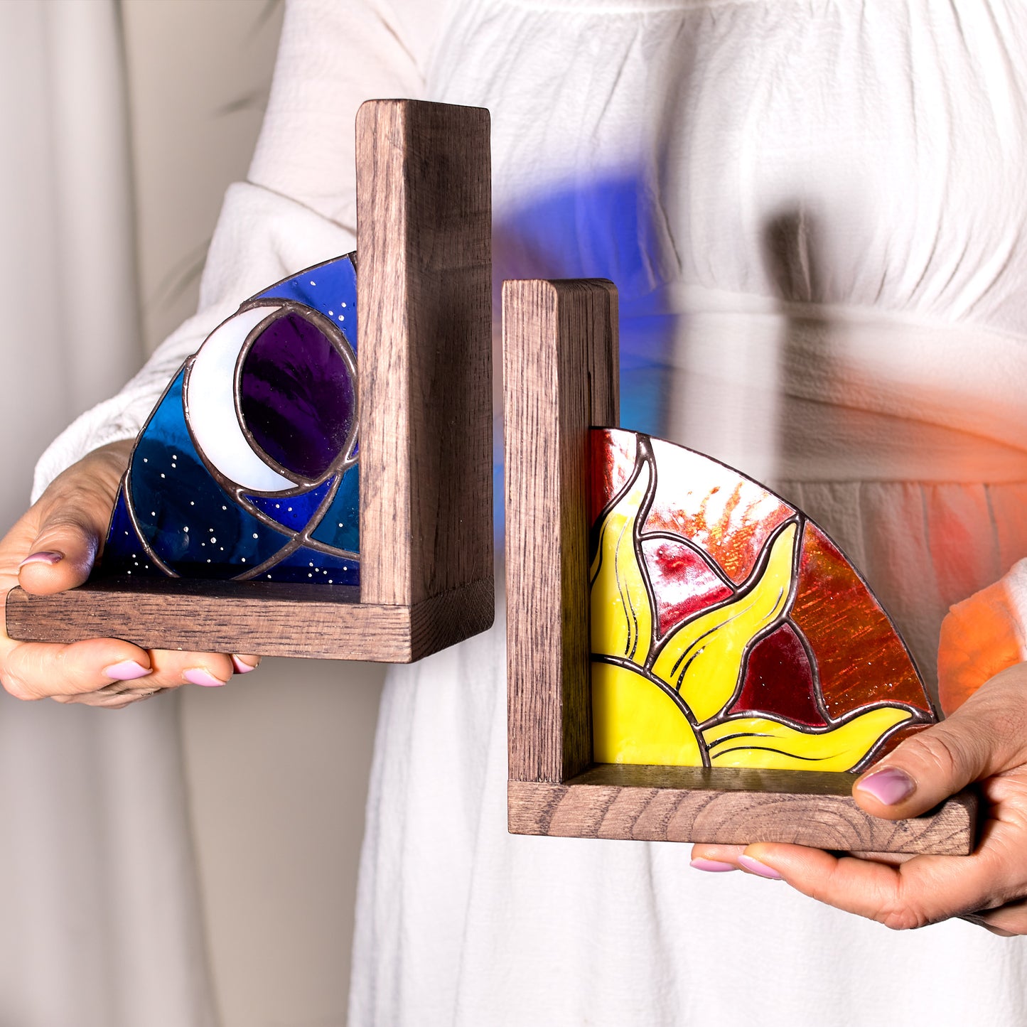 Sun and Moon Stained Glass Bookends