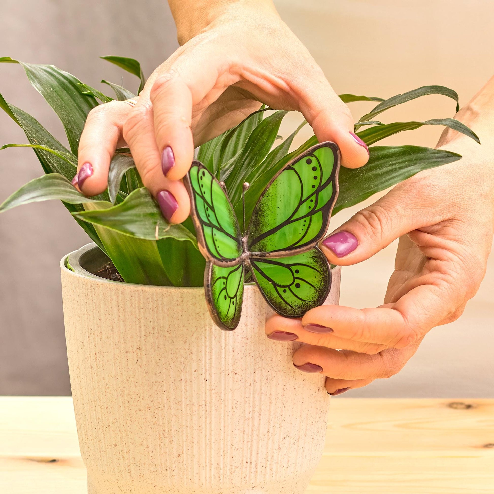 pot plants for butterflies Green Butterfly Stained Glass Plant Pot Hugger