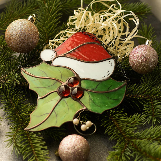 Santa Hat and Holly Stained Glass Ornament