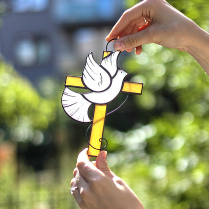 Stained Glass Cross White Dove