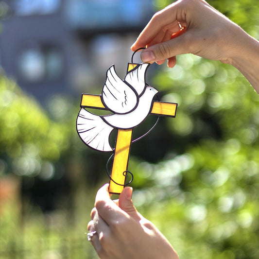 Stained Glass Cross White Dove