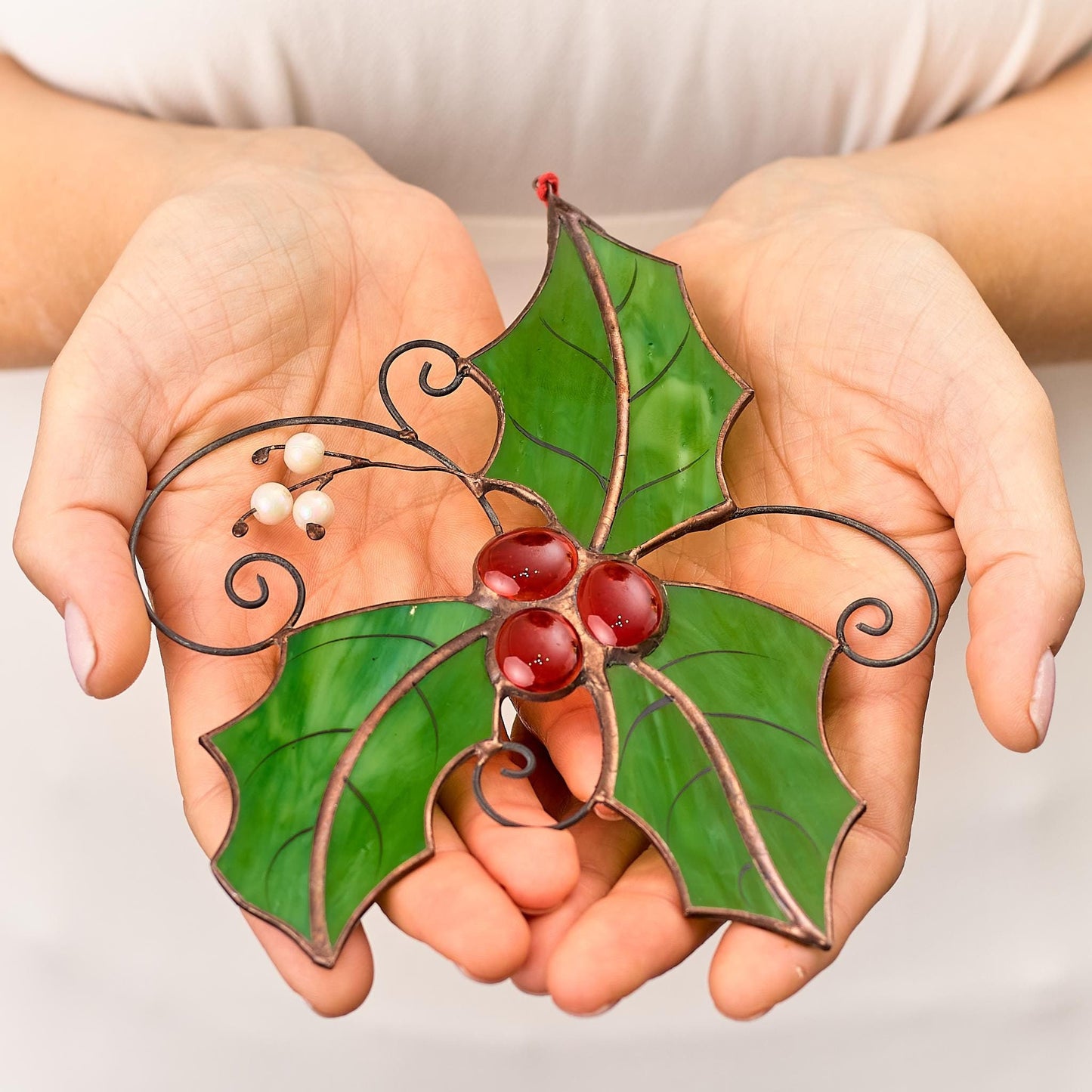 Stained Glass Holly Leaf with Red Berries