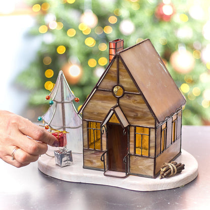 Christmas Village House Stained Glass Candle Holder