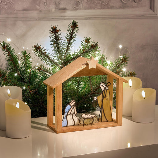Stained Glass Nativity Scene with Wooden Stable