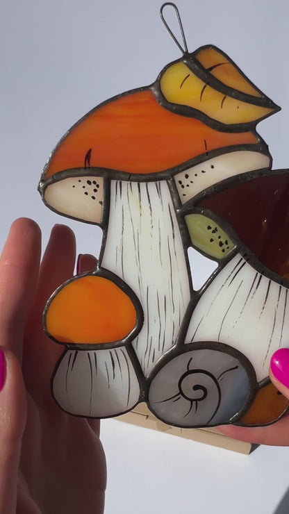 Mushrooms Stained Glass Hanging Panel
