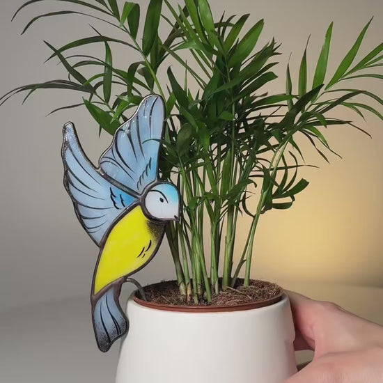Blue Tit Bird Stained Glass Plant Pot Hugger