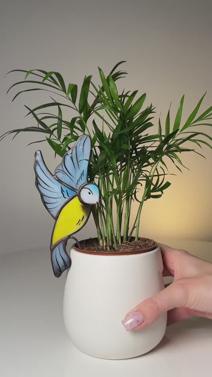 Blue Tit Bird Stained Glass Plant Pot Hugger
