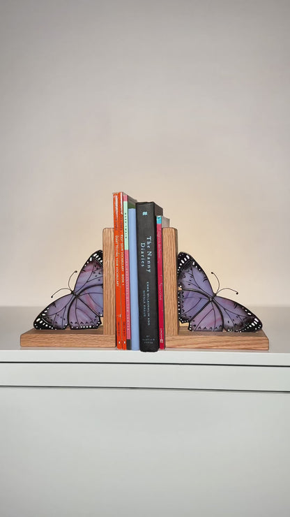 Lavender Monarch Butterfly Stained Glass Bookends
