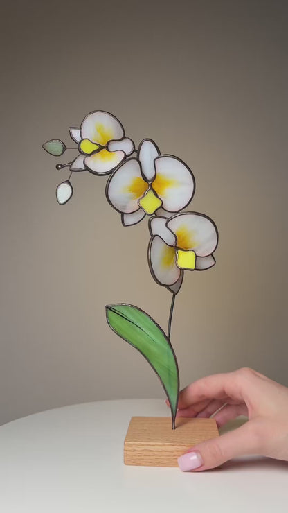 White Orchid Flower Stained Glass Tabletop