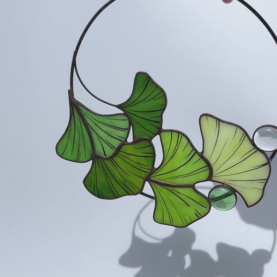 Ginkgo Leaf Stained Glass Window Hanging