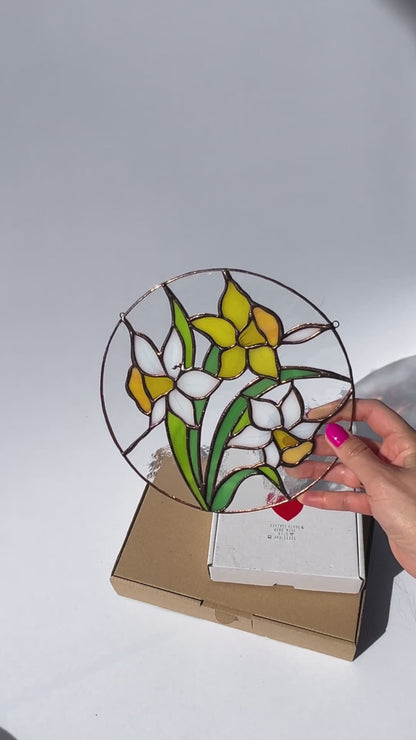 Narcissus Flower Stained Glass Hanging Panel