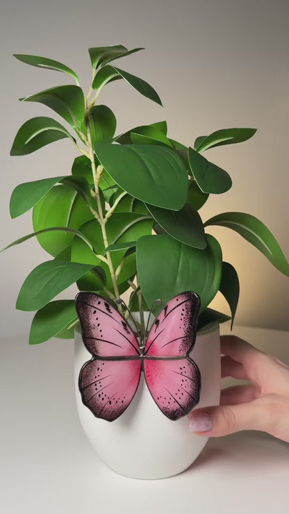 Pink Butterfly Stained Glass Plant Pot Hugger