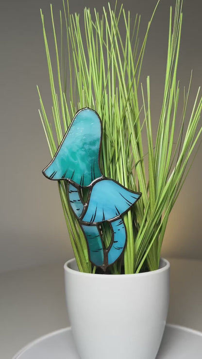 Blue Entoloma Mushroom Stained Glass Plant Pot Stake