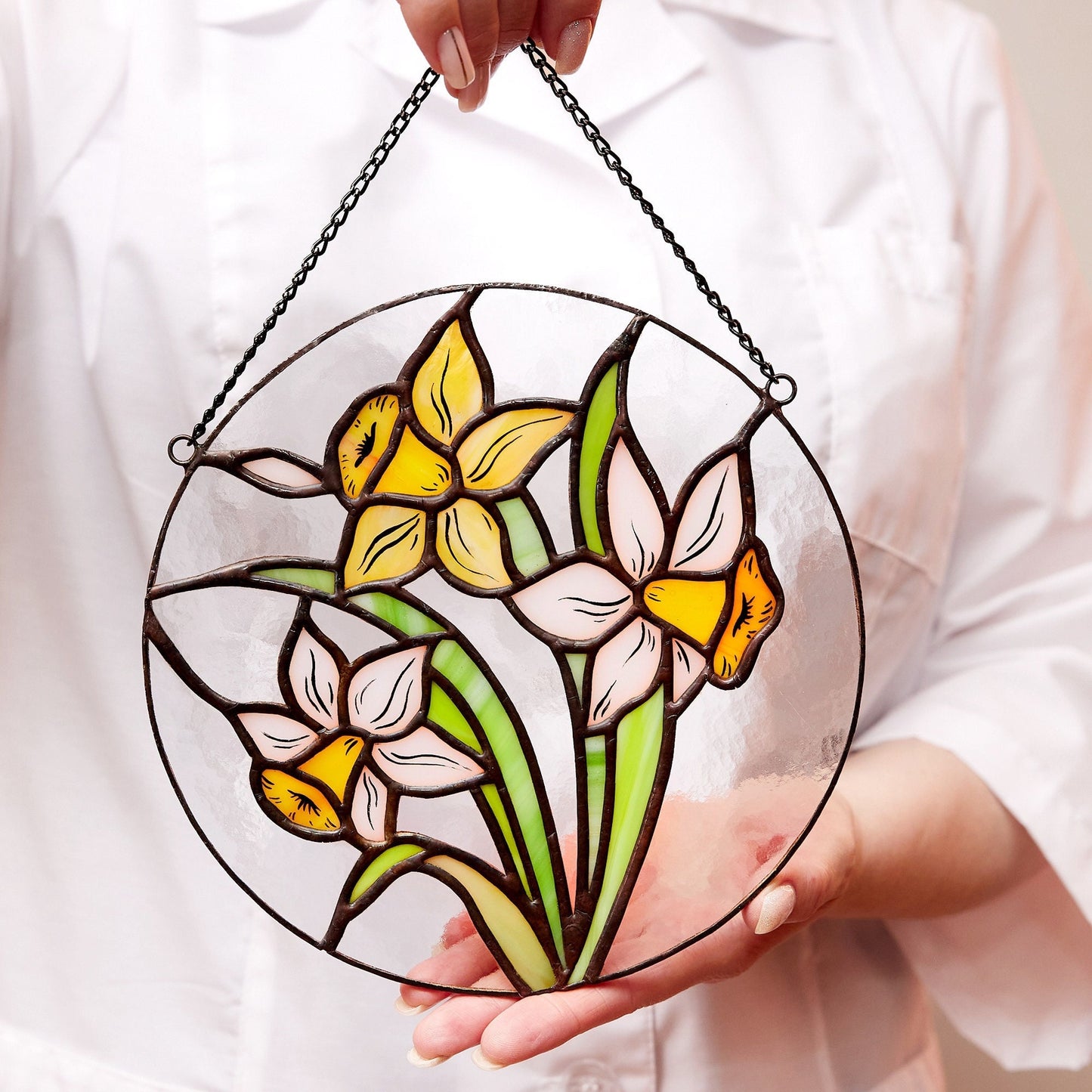 Narcissus Flower Stained Glass Hanging Panel