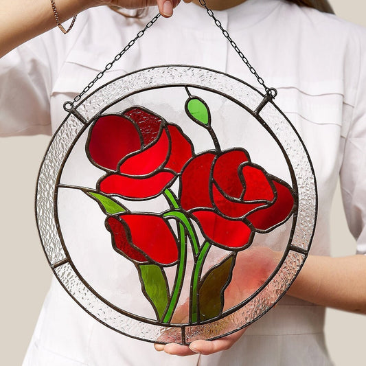 Poppy Flower Stained Glass Panel