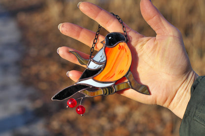 Bullfinch Bird Stained Glass Suncatcher