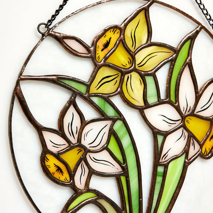 Narcissus Flower Stained Glass Hanging Panel