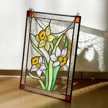 Daffodil Flower Stained Glass Hanging Panel