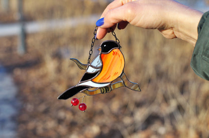 Bullfinch Bird Stained Glass Suncatcher