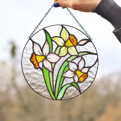 Narcissus Flower Stained Glass Hanging Panel