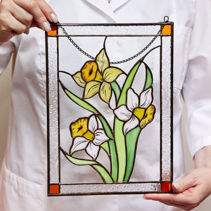 Daffodil Flower Stained Glass Hanging Panel