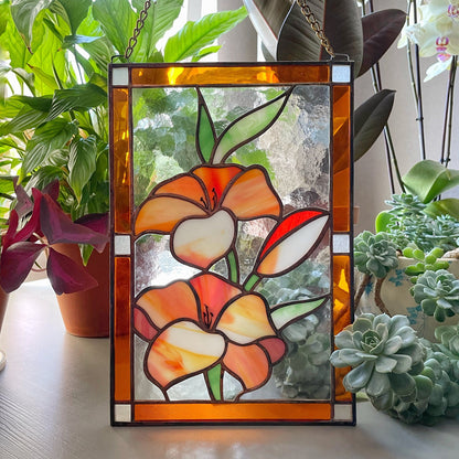 Lily Flower Stained Glass Hanging Panel
