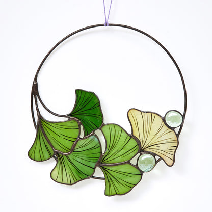 Ginkgo Biloba Leaves Stained Glass Window Hanging