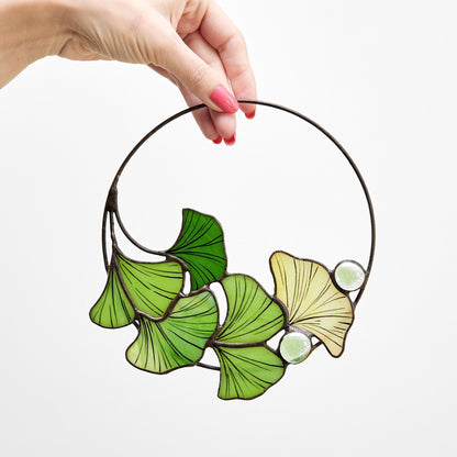 Ginkgo Biloba Leaves Stained Glass Window Hanging