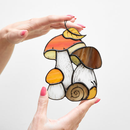 Mushrooms Stained Glass Hanging Panel