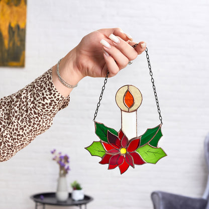 Christmas Candle Plant Stained Glass Suncatcher