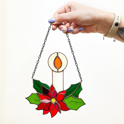 Christmas Candle Plant Stained Glass Suncatcher